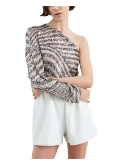 In The Mood For Love Asymmetrical Linear Print Top In Beige-emerald In Gray