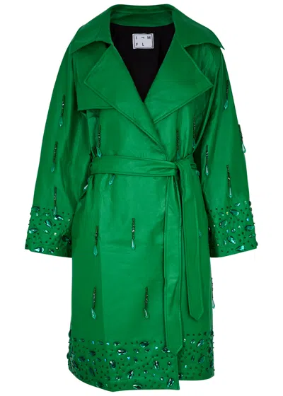 In The Mood For Love Cigar Crystal-embellished Faux Leather Coat In Green
