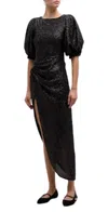 In The Mood For Love Sahar Sequin Puff-sleeve Asymmetric Midi Dress In Black