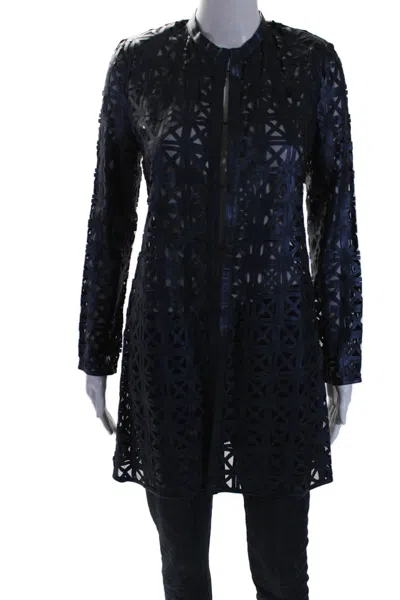 In Transit 2 Womens Navy Leather Mesh Crew Neck Long Sleeve Jacket In Blue