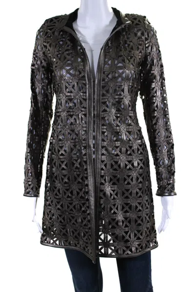 IN TRANSIT WOMENS LASER CUT METALLIC MESH LEATHER JACKET BROWN BLACK