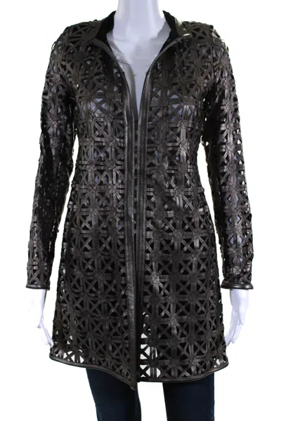 IN TRANSIT WOMENS LASER CUT METALLIC MESH LEATHER JACKET BROWN BLACK