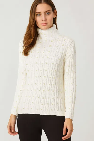 In2 By Incashmere Cotton Blend Mock Neck Cable Pullover With Pearl Embroidery In White