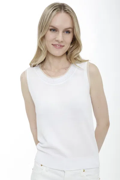 In2 By Incashmere Cotton Blend Sleeveless Tank With Mesh Trims In White