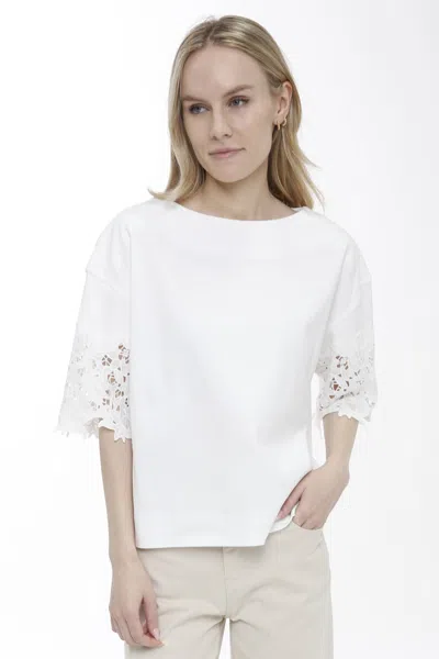 In2 By Incashmere Cotton Interlock Boat Neck With Lace Sleeve In White