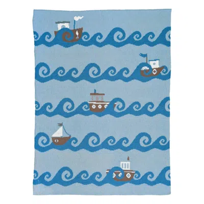 In2green Brown Baby Cotton Knit Coastal Blanket - Boats In Blue