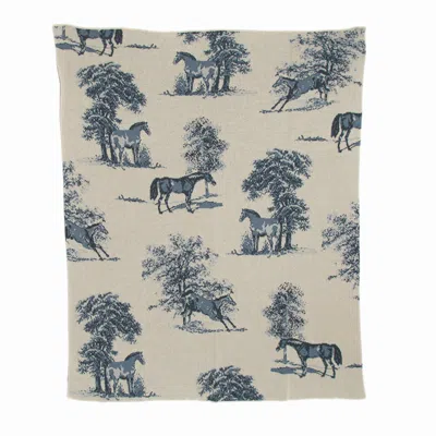 In2green Cotton Sustainable Knit Throw Blanket - Equestrian Toile Blue