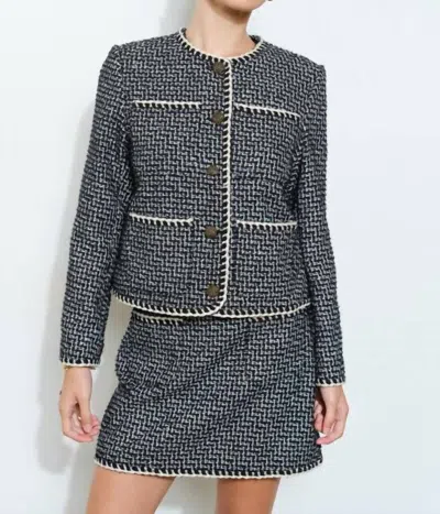Ina Fashion Boucle Tweed Braid Trim Jacket In White/black In Blue