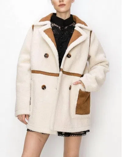 Ina Fashion Faux Shearling Suede Double Breasted Jacket In Cream Brown In Multi