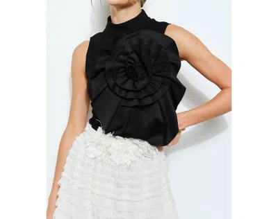 Ina Fashion Floral Applique Pleated High-neck Top In Black