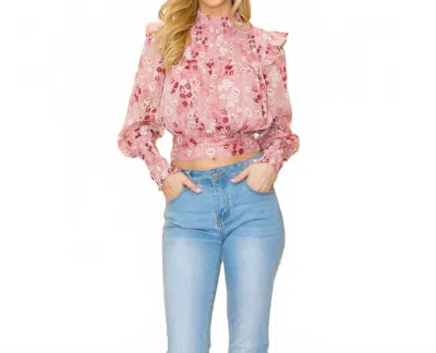 Ina Fashion Julie Floral Mock Neck Top With Tie Back In Dusty Pink