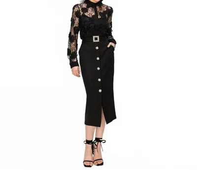 Ina Fashion Rhinestone Button Down Midi Skirt In Black