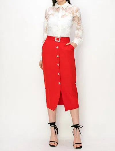 Ina Fashion Rhinestone Button Down Midi Skirt In Red
