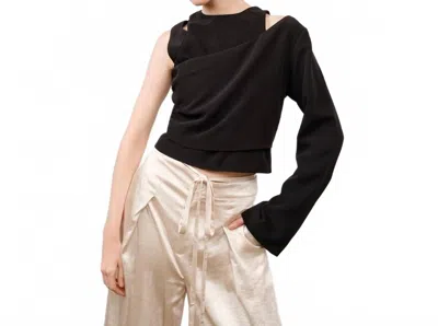 Ina Fashion Round Neck Asymmetrical Sleeve Cut-out Crop Top In Black
