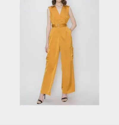 Ina Fashion Satin V-neck Side Pockets Cargo Pants Jumpsuit In Yellow