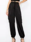 Ina Sidney Satin Elastic Waist Cargo Pants In Black In Black