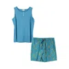 Inara Women's Green Indian Cotton Waterlily Print Shorts And Sleeveless Ribbed Top In Green