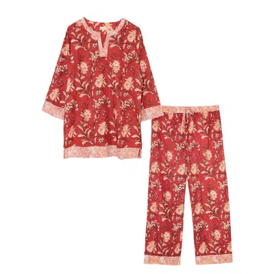 Inara Women's Indian Cotton Red Rubra Pyjama Set