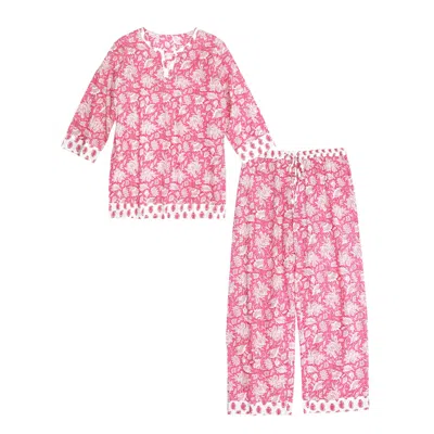 Inara Women's Pink / Purple / White Indian Cotton Peony Paisley Pyjama Set In Pink/purple/white