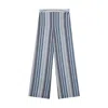 Inavati Women's Blue Striped Wide-leg Linen Trousers