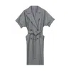 Inavati Women's Grey Double-breasted Striped Dress With Belt