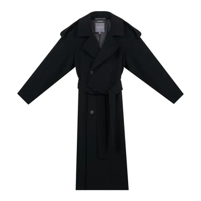 INAVATI WOMEN'S UNISEX LONG BLACK DOUBLE-BREASTED WOOL COAT