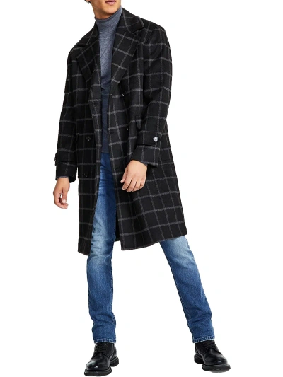 Inc Emerson Mens Wool Blend Window Pane Long Coat In Black