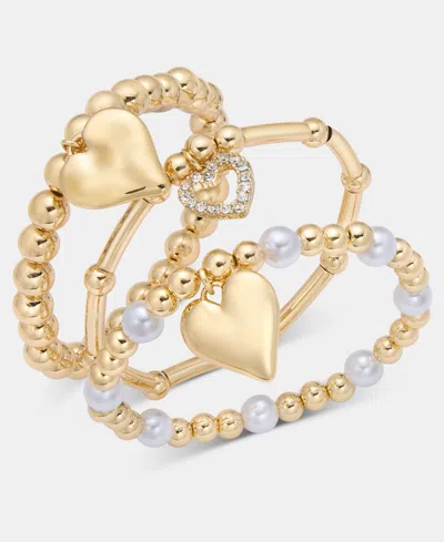 Inc International Concepts 3-pc. Set Pave Heart Imitation Pearl Beaded Stretch Bracelets, Macy's Exclusive In Gold