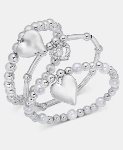 Inc International Concepts 3-pc. Set Pave Heart Imitation Pearl Beaded Stretch Bracelets, Macy's Exclusive In Silver