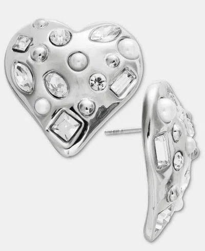Inc International Concepts Crystal & Imitation Pearl Heart Drop Earrings, Macy's Exclusive In Silver