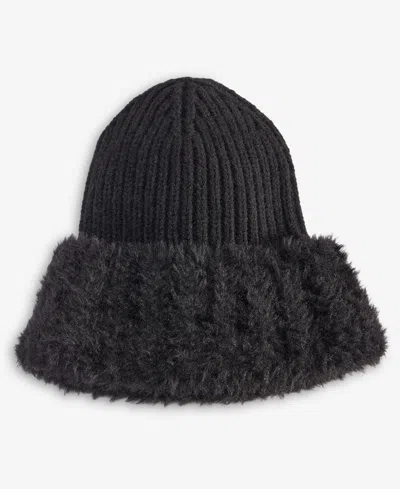 Inc International Concepts Faux Fur Cuff Ribbed Knit Beanie, Macy's Exclusive In Black
