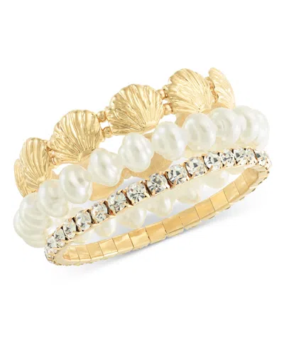 Inc International Concepts Gold-tone 3-pc. Set Shell, Imitation Pearl & Crystal Stretch Bracelets, Exclusively At Macy's