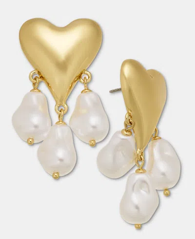 Inc International Concepts Imitation Pearl Charm Heart Drop Earrings, Macy's Exclusive In Gold