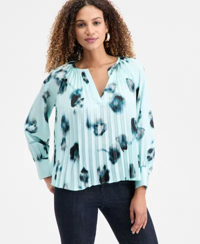 Inc International Concepts I.n.c. Concepts Women's Printed Pleated Split-neck Blouse, Macy's Exclusive In Blue