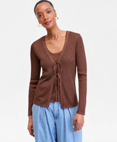 Inc International Concepts I.n.c. International Conccepts Women's Double-tie Cardigan Sweater, Macy's Exclusive In Brown