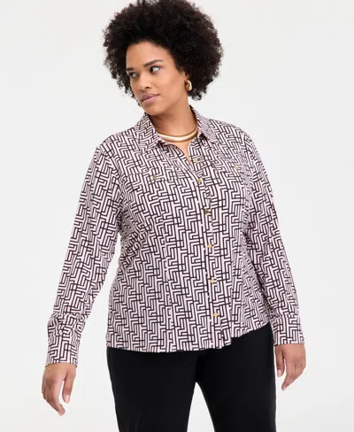 Inc International Concepts Inc Plus Size Printed Flap-pocket Knit Shirt, Exclusively At Macy's In Goya Geo Pink