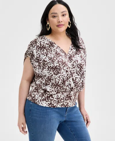 Inc International Concepts Inc Plus Size Printed Ruched Surplice-neck Top, Exclusively At Macy's In Deep Black