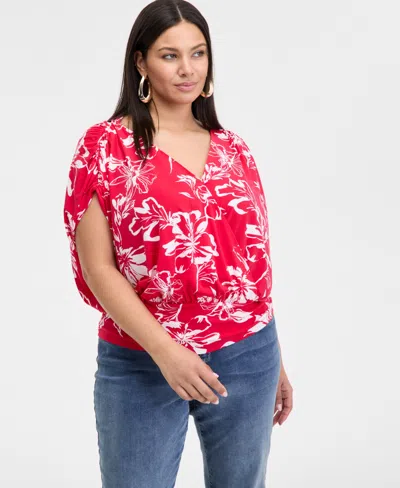 Inc International Concepts Inc Plus Size Printed Ruched Surplice-neck Top, Exclusively At Macy's In Freyabloom