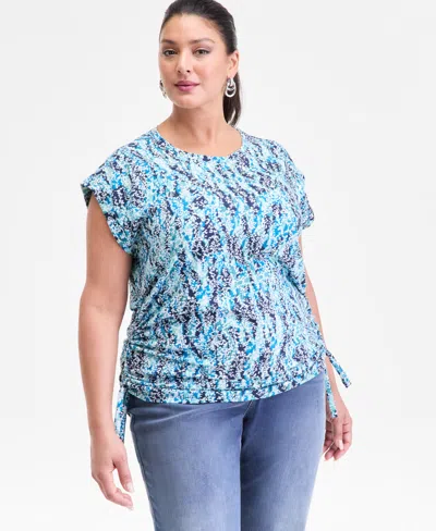 Inc International Concepts I.n.c. Plus Size Printed Side-tie Sleeveless Top, Macy's Exclusive In Blue