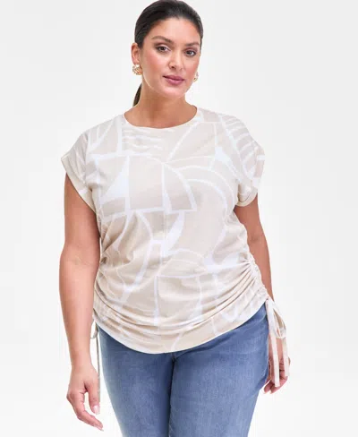 Inc International Concepts I.n.c. Plus Size Printed Side-tie Sleeveless Top, Macy's Exclusive In Neutral