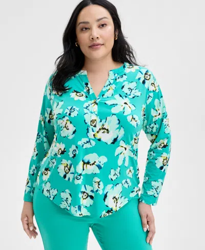 Inc International Concepts Inc Plus Size Printed Split-neck Top, Exclusively At Macy's