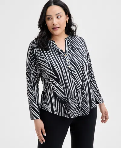 Inc International Concepts Inc Plus Size Printed Split-neck Top, Exclusively At Macy's In Pia Stripe