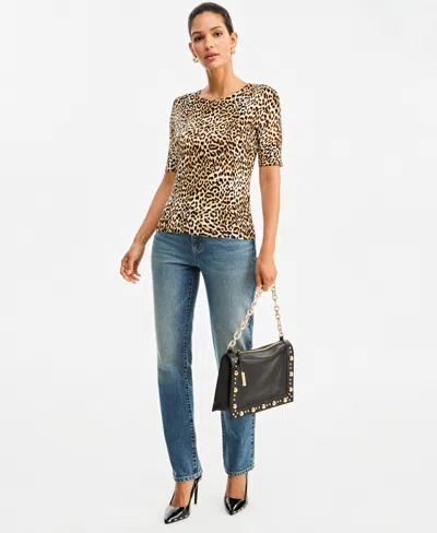 Inc International Concepts I.n.c. Women's Leopard-print Fitted Short-sleeve Crewneck Sweater, Macy's Exclusive In Brown