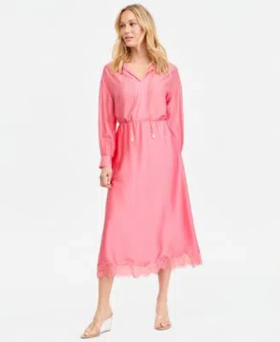 Inc International Concepts Long Sleeve Satin Blouse Lace Trim Midi Skirt Macys Exclusive In Pink