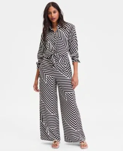 Inc International Concepts Long Sleeve Striped Button Front Shirt Wide Leg Pants In Gray