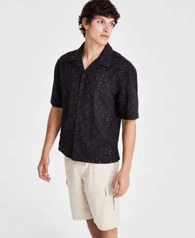 Inc International Concepts Men's Idris Floral Eyelet Short-sleeve Camp Shirt, Created For Macy's In Deep Black