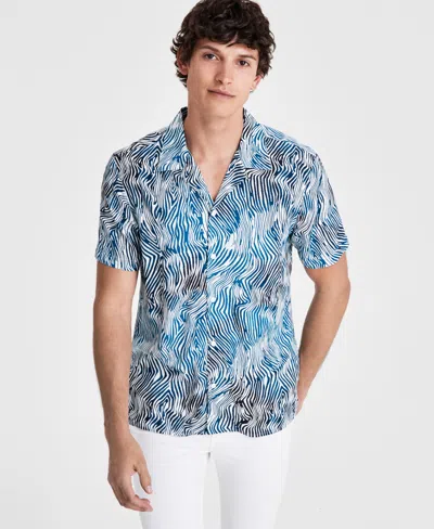 Inc International Concepts Men's Max Zebra Stripe Short-sleeve Camp Shirt, Created For Macy's In Basic Navy