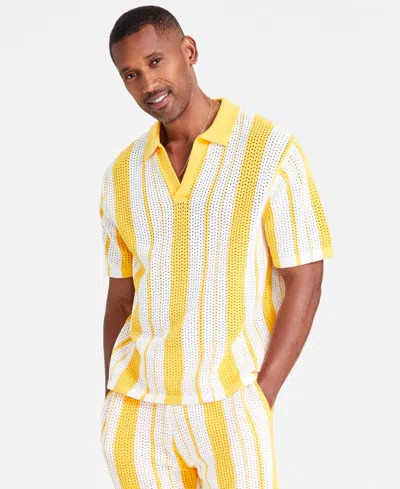 Inc International Concepts Men's Regular-fit Crocheted Stripe Polo Shirt, Created For Macy's In Majestic Yellow