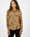 Inc International Concepts Petite Animal-print Button-down Shirt In Brown
