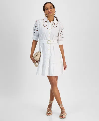 Inc International Concepts Petite Belted Eyelet Mini Dress, Exclusively At Macy's In White